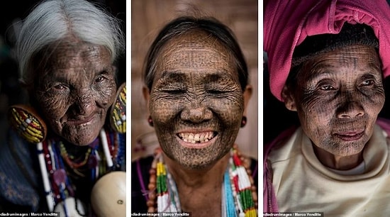 Последние из татуированных женщин племен в Мьянме, гордо позируют, демонстрируя традиционные чернильные знаки на лице, которые использовались для отпугивания похитителей