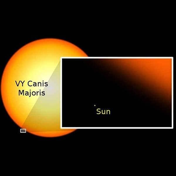 21. Bu da demek oluyor ki bizim küçük Güneş'imizden katbekat büyük yıldızlar var. Bilinen en büyük yıldızlardan biri olan VY Canis Majois'in yanında Güneş ne kadar da küçük kalıyor değil mi?.