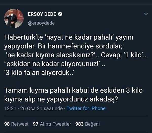 Hükümete yakınlığıyla bilinen ve TRT'nin anchorman'i olduğundan beri reytinglerde başarısız olan Ersoy Dede şöyle bir paylaşım yaptı. Gelen tepkiler üzerine paylaşımı silen Dede'ye tepkiler geldi.