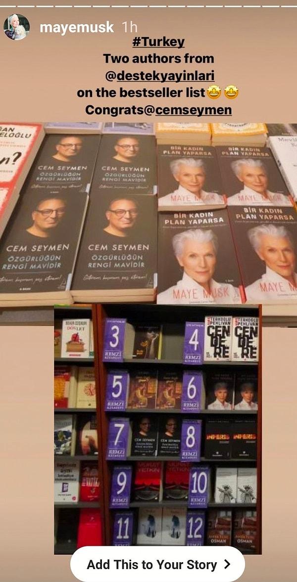 Maye Musk Instagram hikayesinde Cem Seymen'in kitabı ile kendi kitabının yan yana olduğu Çok Satanlar rafından bir fotoğraf paylaşarak yazarı tebrik etti.