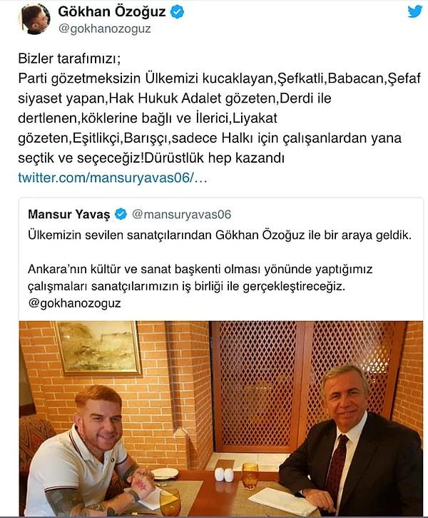 Geçtiğimiz yıllarda Gökhan Özoğuz, Ankara Büyükşehir Belediye Başkanı Mansur Yavaş ile buluşmuş ve bu tweeti atmıştı.