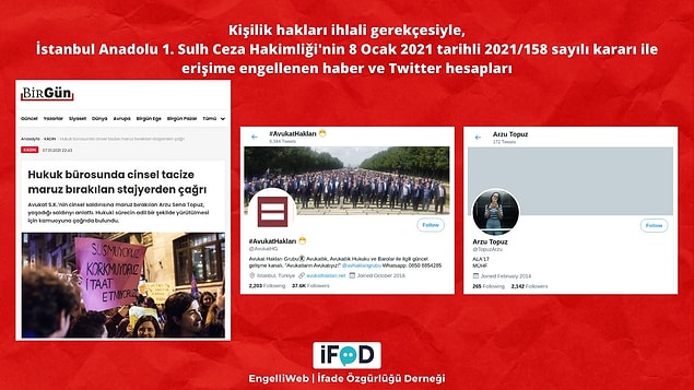 Yanında gönüllü olarak staj yaptığı avukatın cinsel saldırısına maruz kaldığını iddia eden hukuk öğrencisinin Twitter hesabı, bu konuyu gündeme getiren haberler erişime engellendi.