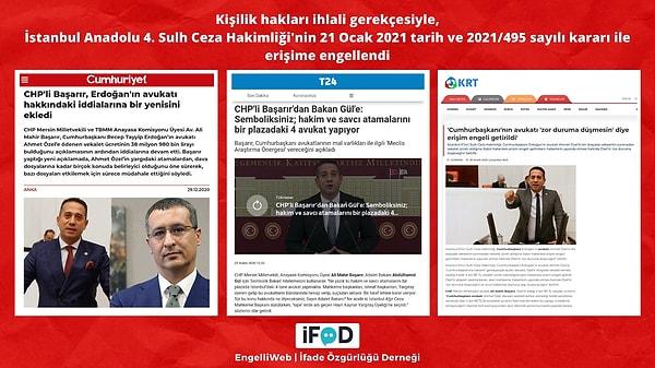 CHP Milletvekili Ali Mahir Başarır’ın, Cumhurbaşkanı Erdoğan’ın avukatı Ahmet Özel’in aldığı vekalet ücretleriyle ilgili paylaştığı bilgilerle alakalı atılan 125 Tweet ve 119 haber linkine erişim engellendi.