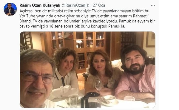 Son zamanlarda tekrar ortaya çıkan ROK, yıllar önce 32. Gün programında Orhan Pamuk'a sorduğu sorunun gündeme gelmesinin ardından ünlü yazarla bir fotoğrafını paylaştı.