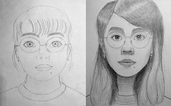 2. 1 aylık resim kursundan önce ve sonra çizdiğini paylaşan bir kadın.