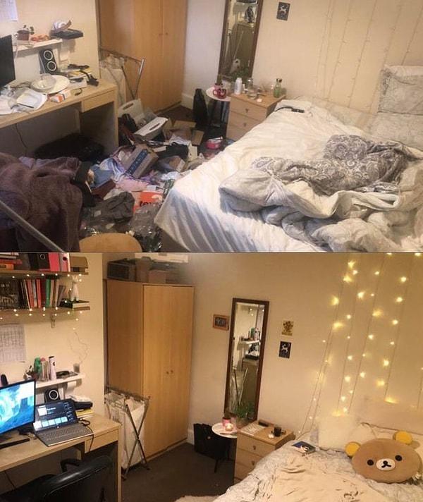 7. Depresyonu olan birinin odasının ilk ve temizledikten sonraki hali.