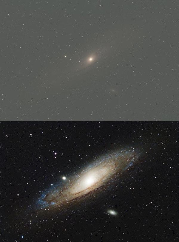 9. Andromeda Galaksisi'nin fotoğrafının işlenmeden önceki ve sonraki hali.