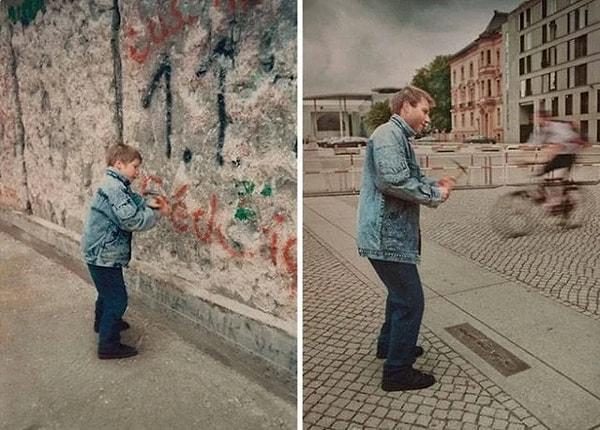 15. Berlin Duvarı'nın yıkımından önce ve sonra çekilmiş bir fotoğraf.