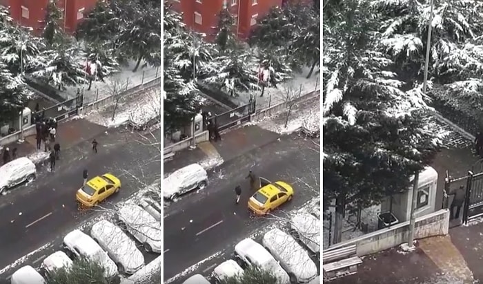 Arabaya Kar Topu Atan Gençler ile Kar Topu Atılmasına Sinirlenen Taksici Arasında Yaşanan Gerilimli Anlar