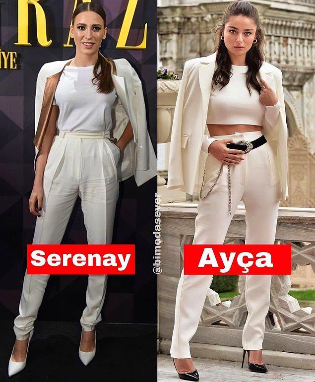 Serenay Sarıkaya ve Ayça Ayşin Turan farklı beyaz takımları benzer şekillerde kombinlemişti.