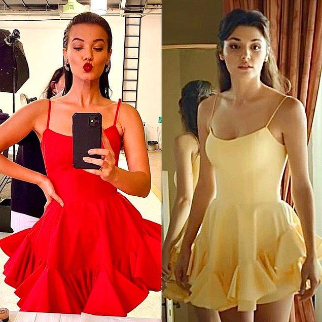 Maison Ju marka elbisenin farklı renkleri Pınar Deniz ve Hande Erçel'in karşılaştırılmasına sebep oldu.