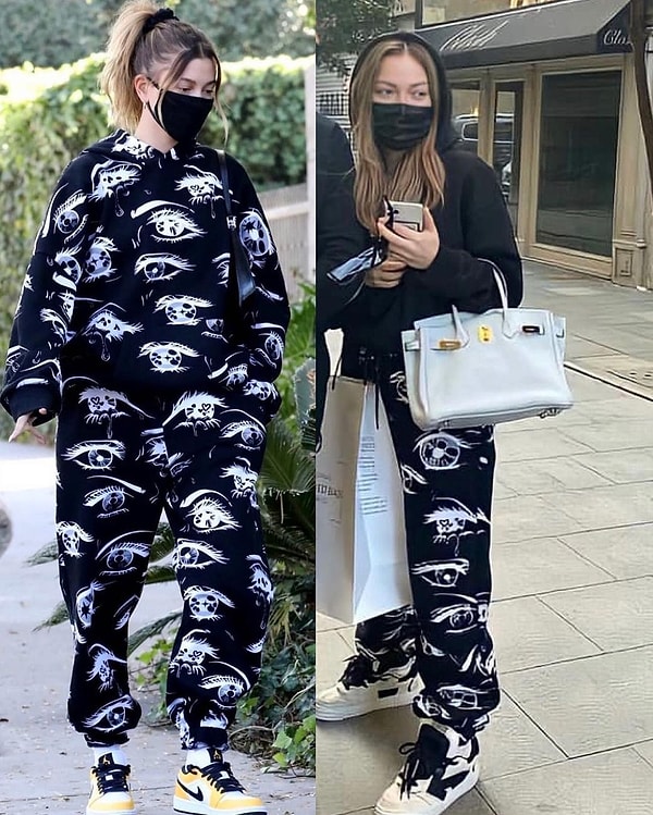 Bershka Billie Eilish koleksiyonundaki bu eşofmanı Hailey Bieber ve Danla Bilic farklı kombinlemeyi tercih etti.