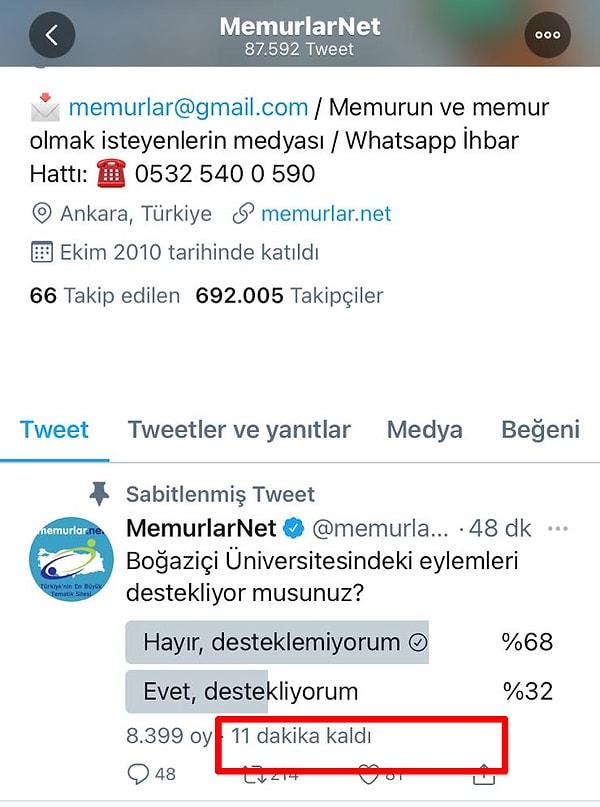Şimdi de Twitter hesaplarından "Boğaziçi Üniversitesindeki eylemleri destekliyor musunuz?" sorusunun yer aldığı bir anket düzenlediler.