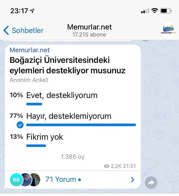 İllaki "Hayır" sonucunu çıkarmayı kendisine görev edinen bu arkadaşlar daha sonra da  Memurlar.Net Telegram hesabında düzenledikleri anketin sonuçlarını paylaştı.