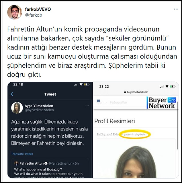 @farkob adlı bir Twitter kullanıcısı ise Altun'un videosuna gelen bu yorumlarla ilgili ilginç keşif yaptı. 👇 Kullanıcı, Altun'a destek veren "seküler görünümlü" hesapların sahte profil fotoğraflarıyla oluşturulduğunu ortaya çıkardı.