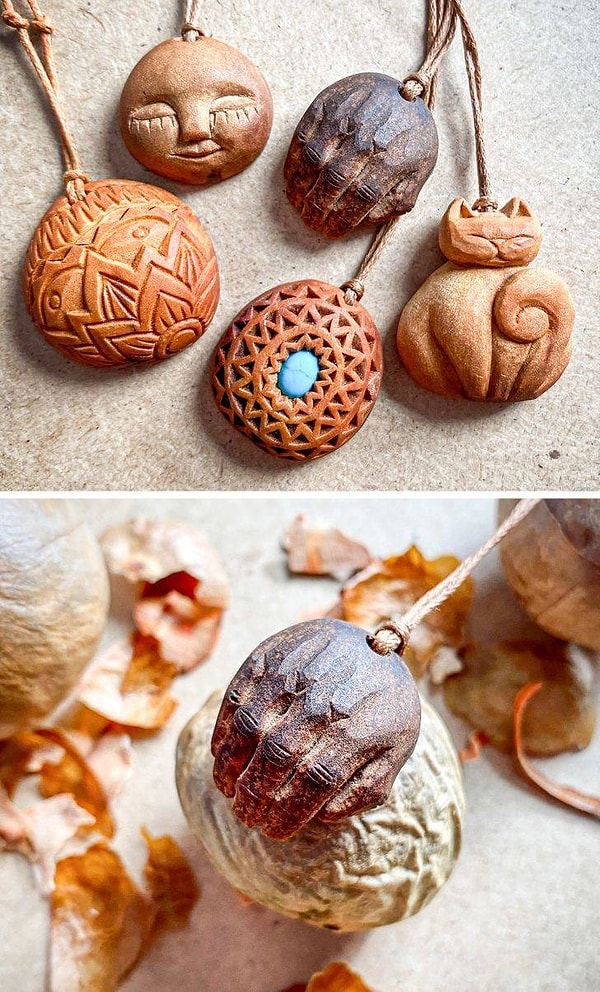 1. "Я занимаюсь резьбой по...косточкам авокадо! Из них получаются вот такие прекрасные эклектичные подвески".