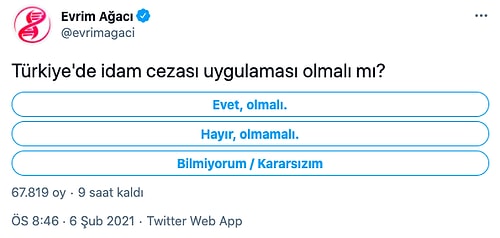 Evrim Ağacı, Twitter'da Gündeme Getirdiği 'Türkiye'de İdam Cezası' Başlıklı Anketle Tepkilerin Odağında