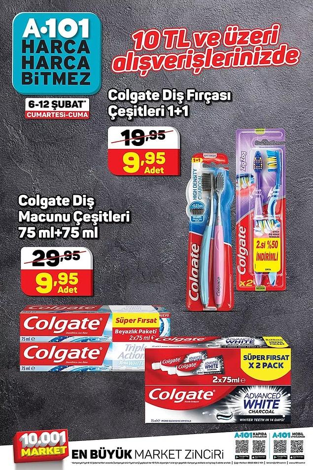 10 TL ve üzeri alışverişlerinizde Colgate 2'li diş fırçası ya da 2'li diş macunu indirimli.