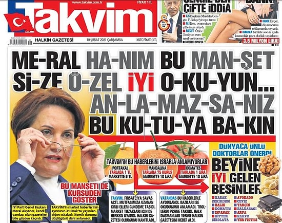 Takvim Gazetesi Manşetinden Meral Akşener'e Hakaret Etti: 'Anlamazsanız Beyne İyi Gelen Besinleri Okuyun'