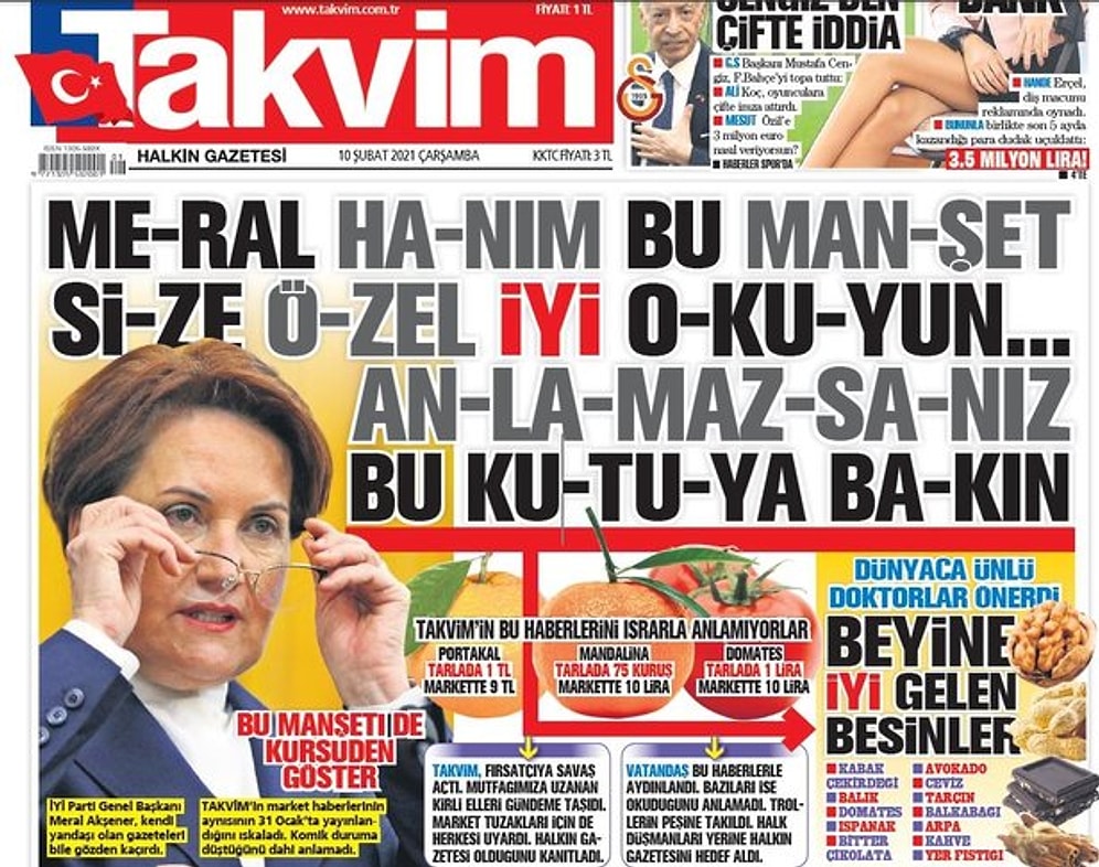 Takvim Gazetesi Manşetinden Meral Akşener'e Hakaret Etti: 'Anlamazsanız Beyne İyi Gelen Besinleri Okuyun'