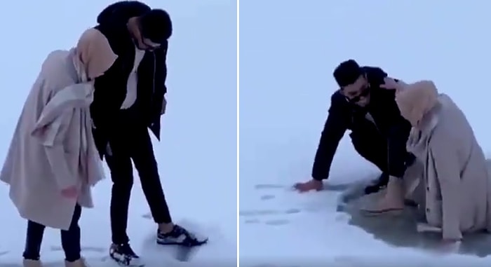 Karda Yürüyüp Fotoğraf Çektiren Çiftin Hayatının Şokunu Yaşadığı Anlar