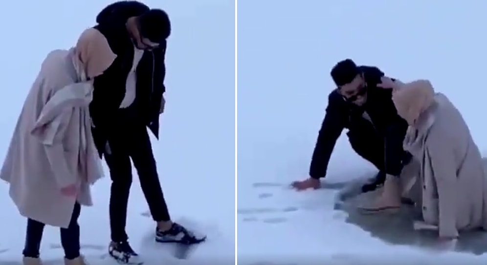 Karda Yürüyüp Fotoğraf Çektiren Çiftin Hayatının Şokunu Yaşadığı Anlar