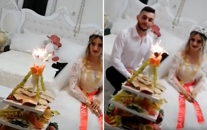 Gerdeğe Girecekleri Odada Yanar Dönerli Meyve Tabağı ile Poz Veren Gelin ile Damat