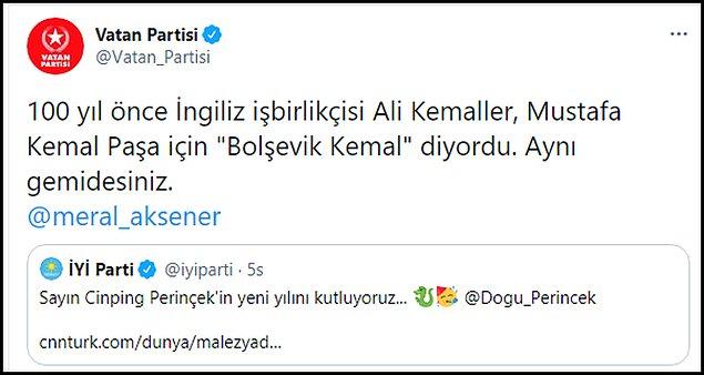 Paylaşımda, "100 yıl önce İngiliz işbirlikçisi Ali Kemaller, Mustafa Kemal Paşa için "Bolşevik Kemal" diyordu. Aynı gemidesiniz" denilerek Akşener etiketlendi.