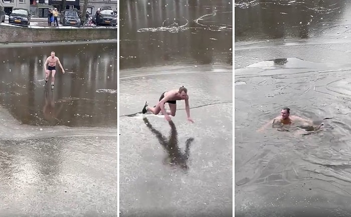 Amsterdam'da Buz Tutan Kanalın Üzerinde Yarı Çıplak Bir Şekilde Kayan Adam Buzun Kırılmasıyla Suya Düştü