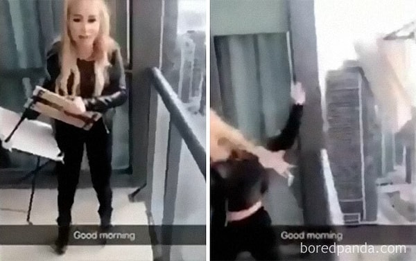 14. Эта женщина бросает стул в трафик