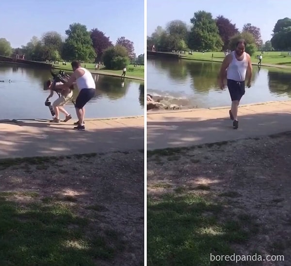 17. Парень толкает фотографа в пруд