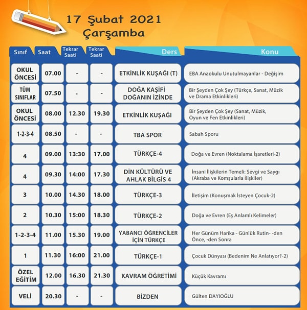 17 Şubat EBA TV İlkokul Ders Programı