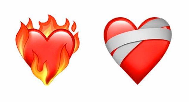Kalp kategorisine eklenen yeni emojiler de var: "Ateşli Kalp" ve "Sargılı Kalp"
