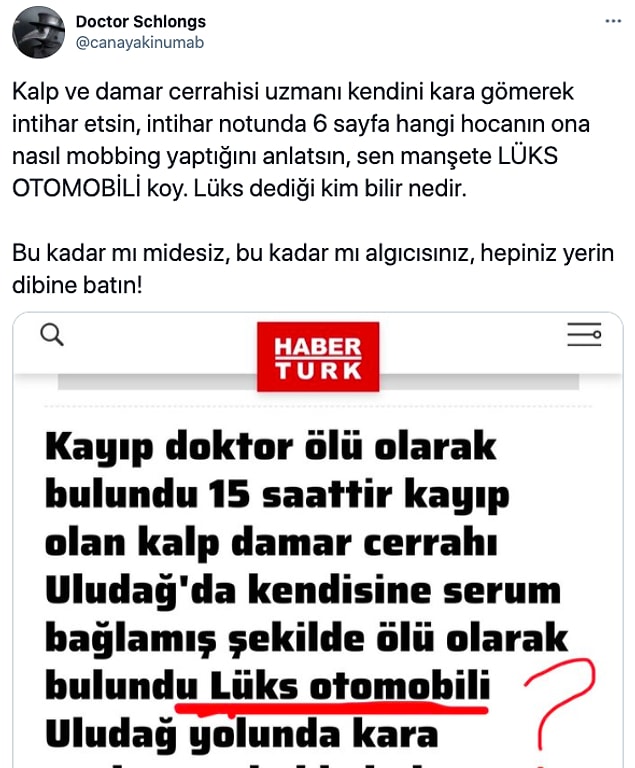Öte yandan genç doktorun ölümüyle ilgili vurgulanan, 'lüks araba' ve 'antidepresan kullanıyordu' ifadeleri de sosyal medyada tepkilere neden oldu!