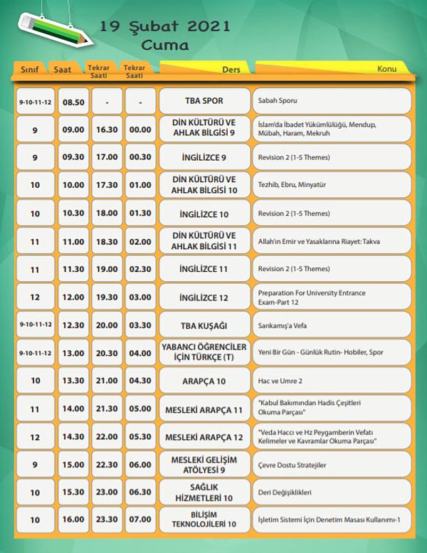 19 Şubat EBA TV Lise Ders Programı