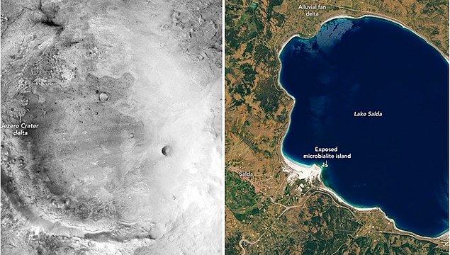 Onun paylaşımından önce NASA'nın Jezero Krateri'ne benzer bir mineral oluşumu ve jeolojik yapıya sahip olan Burdur'daki Salda Gölü'nün fotoğrafını paylaştı.