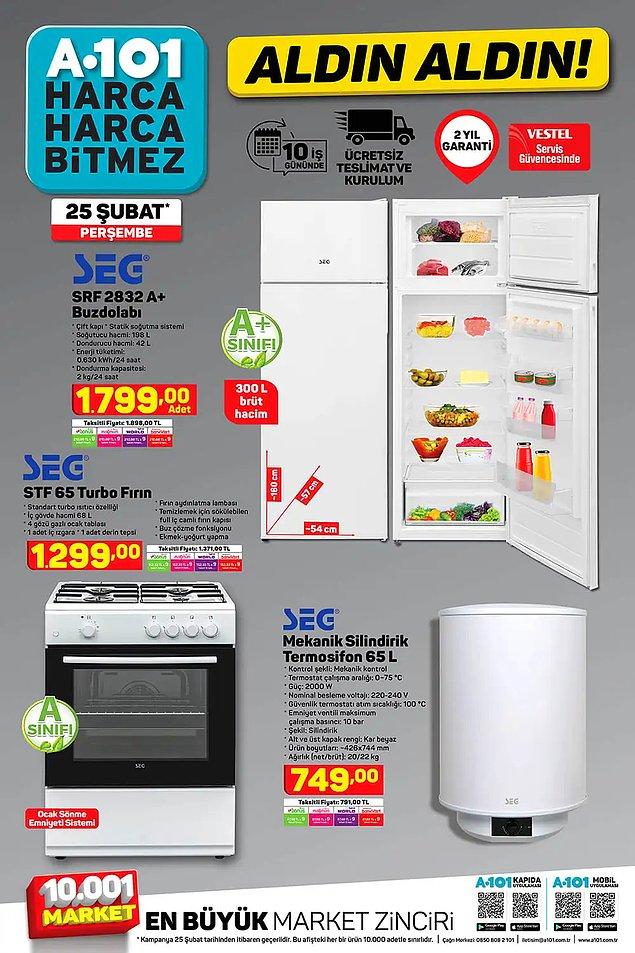 SEG marka buzdolabı, turbo fırın ve termosifon da ücretsiz teslimat ve kurulum seçeceği ile satışta olacak.