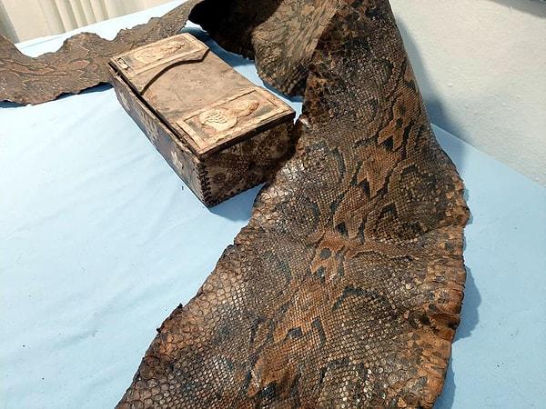Üzerinde İbranice yazılar ile figürler bulunan 340 santim uzunluğundaki piton yılanı derisi, incelenmek üzere Müze Müdürlüğü'ne teslim edildi.
