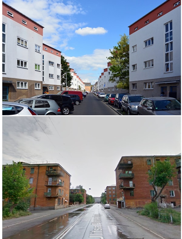 Вверху: «Зигзагообразные дома» во Франкфурте, спроектированные Маем. Внизу: Соцгород в Магнитогорске.