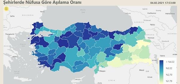 5. Sosyal medyada dolaşan bir haritanın, nüfusa oranla Doğu ve Güneydoğu Anadolu bölgelerinde aşılamanın düşük olduğunu gösterdiği öne sürülüyor. Söz konusu harita, aşılamada bölgesel ayrımcılık yapıldığının göstergesi gibi paylaşılmış.