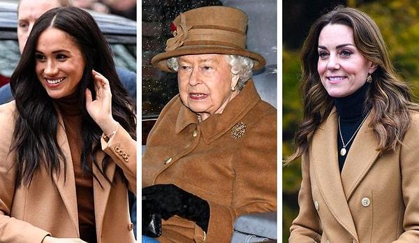 7. Kraliçe Elizabeth, Kate ve Meghan aralarında bir sorun olmadığını göstermek için aynı rengi giydiler.