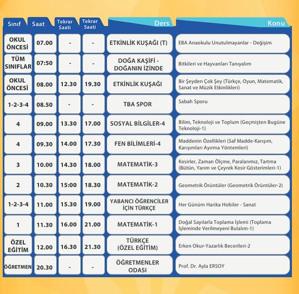 23 Şubat EBA TV İlkokul Ders Programı