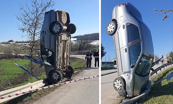 Bariyerlere Çarpan Otomobil Dik Durdu