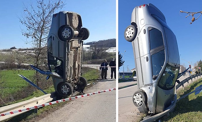 Bariyerlere Çarpan Otomobil Dik Durdu