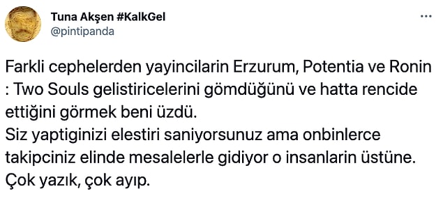 Pintipanda isimli diğer bir yayıncı da yerli oyunları eleştirenlere tepki gösterdi.
