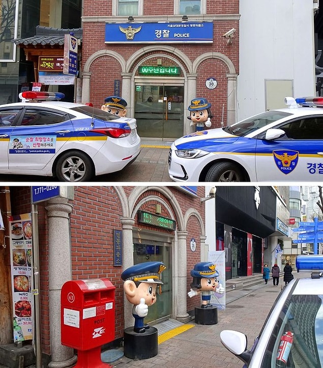 16. Polisler gerçekten arkadaş canlısı görünüyor. Polis karakolları oldukça küçük ve girişinde komik figürler bulunuyor...