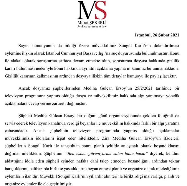 İddiaları Songül Karlı avukatı aracılığıyla reddetti.