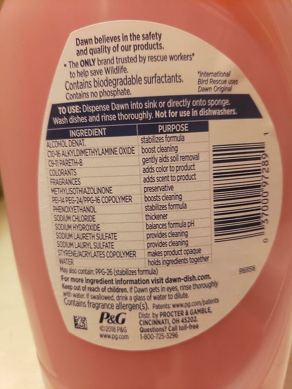 7. На этом средстве для мытья посуды прописано назначение каждого ингредиента в составе.