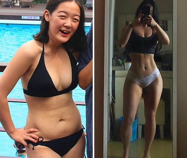 11. İnsanlar verdikleri kilolara fazla takılmamalı! Sol fotoğrafta 53 kilo olan kadın sağ tarafta 54 kilo...