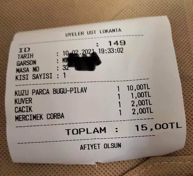 Bu arada oralarda bir yakınınız varsa Meclis lokantasında şu hesabı da ödemeniz mümkün. Bir milletvekilinin yemek hesabı işte böyle. Afiyet olsun, ne diyelim...